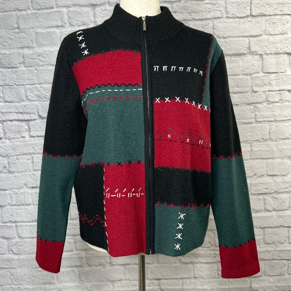 Vintage CLC Women's Size M Red Green Black 100% Wool Full Zip Cardigan Sweater